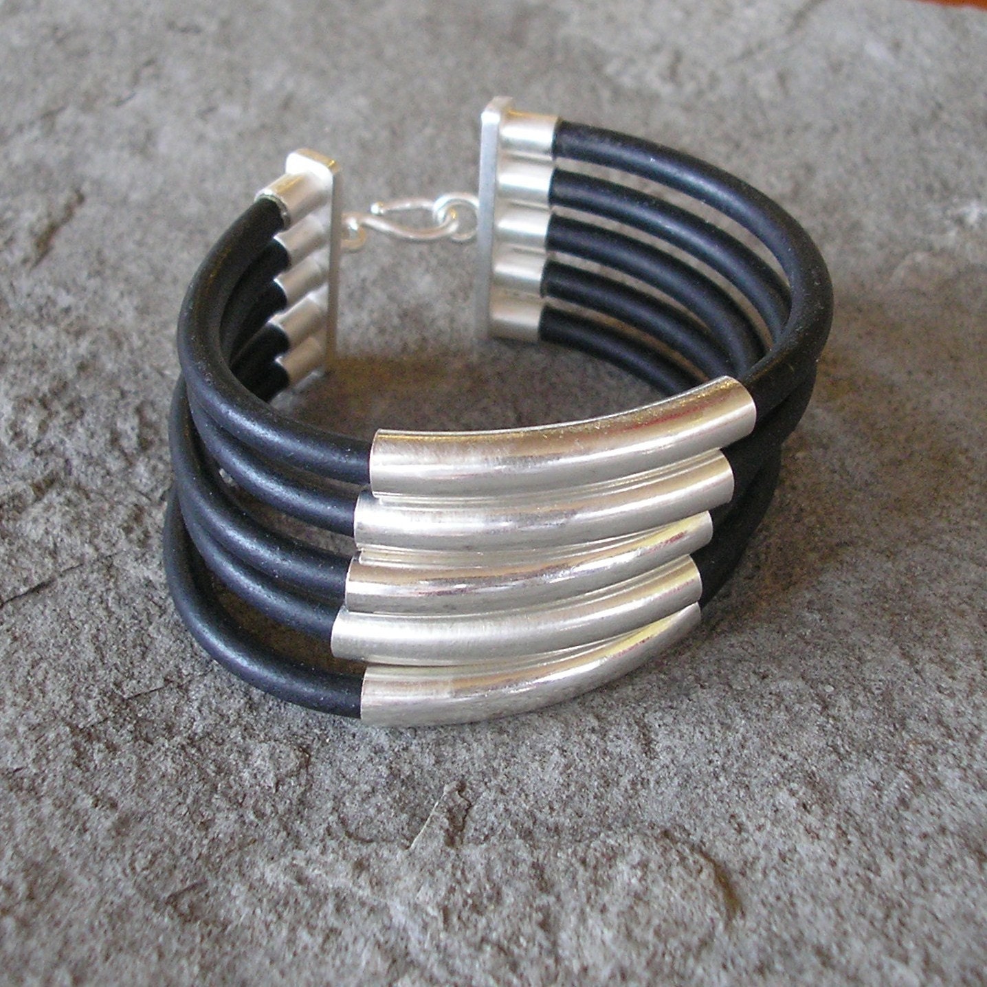 Silver Rubber Bracelet Sterling Silver Black Rubber Bracelet