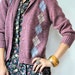 r e s e r v e d....Vintage 80's ARGYLE Plum DUSTY ROSE Knit Deep V Cardigan Sweater Jacket
