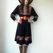 Vintage 70's Navy Blue Velvet Ethnic Print Corduroy Bib Balloon Sleeve tent Festival Caftan Dress
