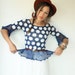 Vintage 70's Sheer COBALT and White Floral Polka Dot Angel Sleeve Peplum Fishnet Crochet Blouse