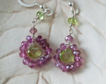 Circles of Pink Tourmaline and Peridot Sterling Silver Earrings