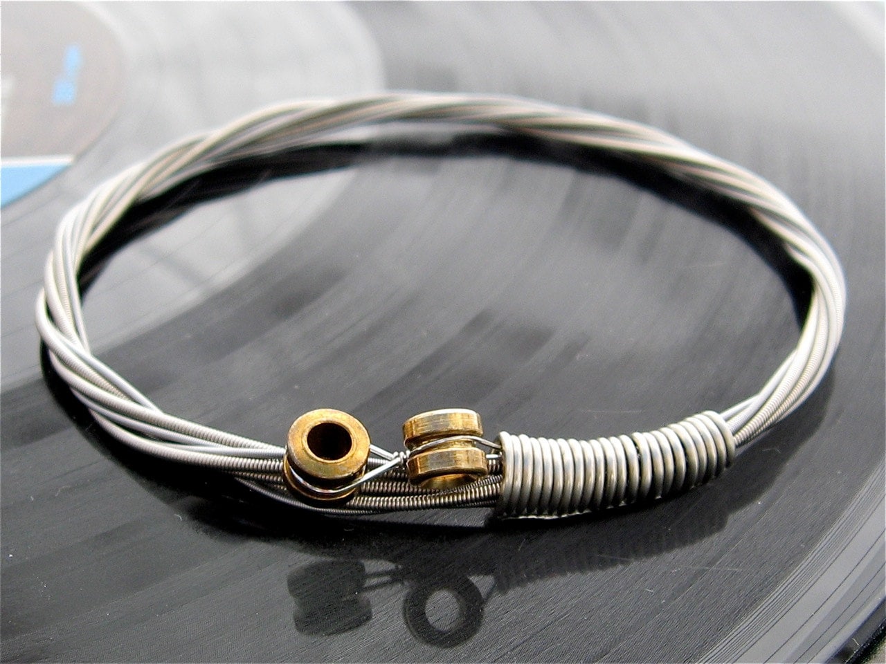 Recycled Bass Guitar String Bracelet with brass ball ends