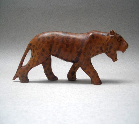 Vintage Wood Carving Wooden Leopard Shelf or Desk Display