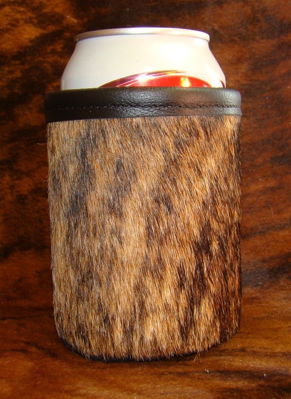 Rustic and Rich Brown Brindle Can Koozie Cowhide Leather Red