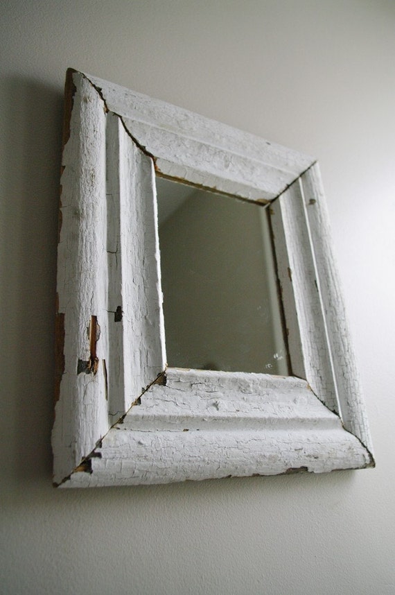 Reclaimed Wood Mirror White Crown Moulding 12x14 by ReclaimFrames
