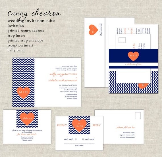Chevron Zig Zag Wedding Invitations, Coral & Navy Blue Wedding Invitation, Wedding Invites, Belly Band, Minimalist, Heart, Simple, Modern Il_570xn
