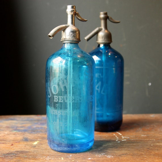 Vintage Aqua Blue Seltzer Bottle Johns Beverages by sevenbc