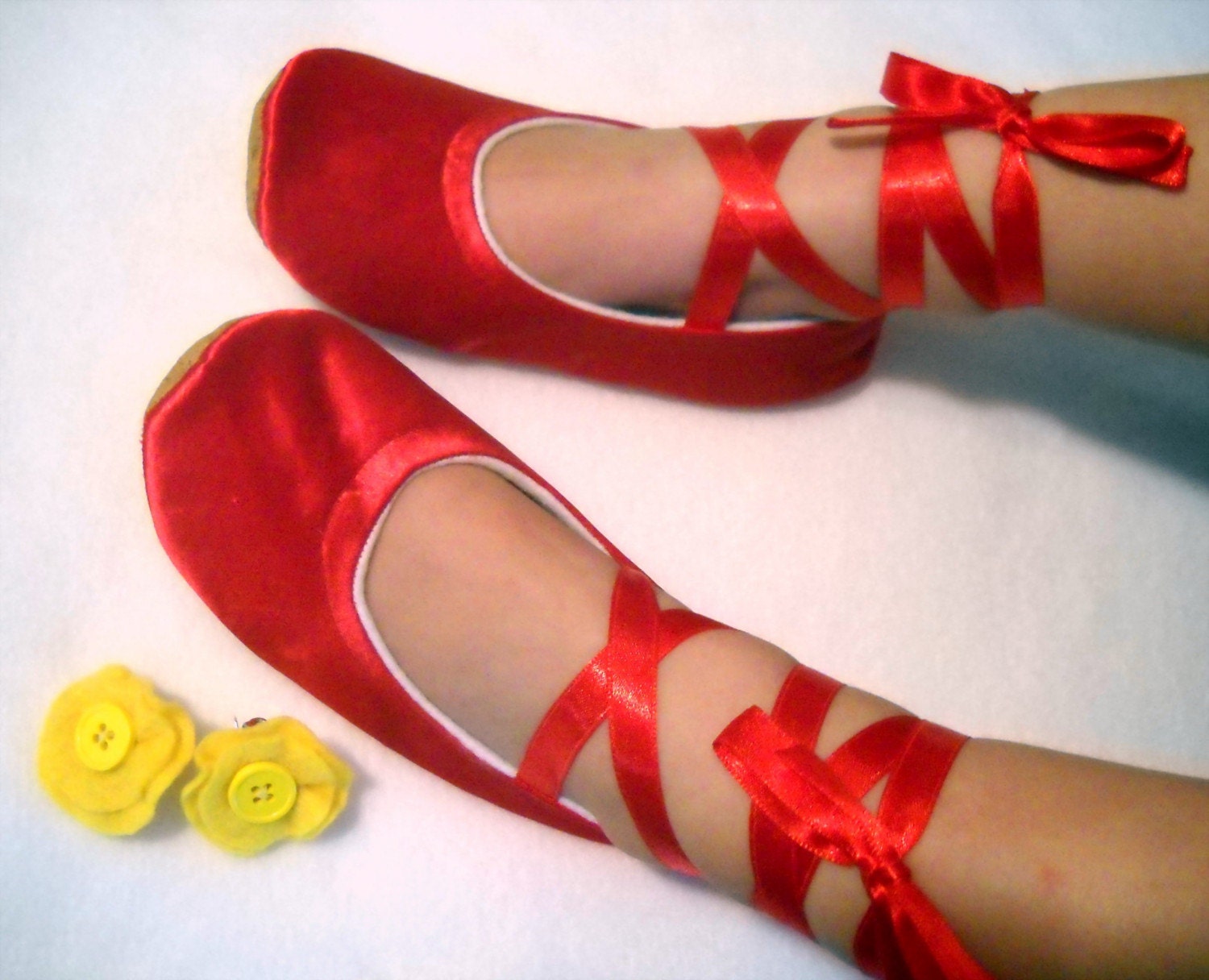 Fancy Nancy Inspired Red Satin Ballet Shoes with Yellow