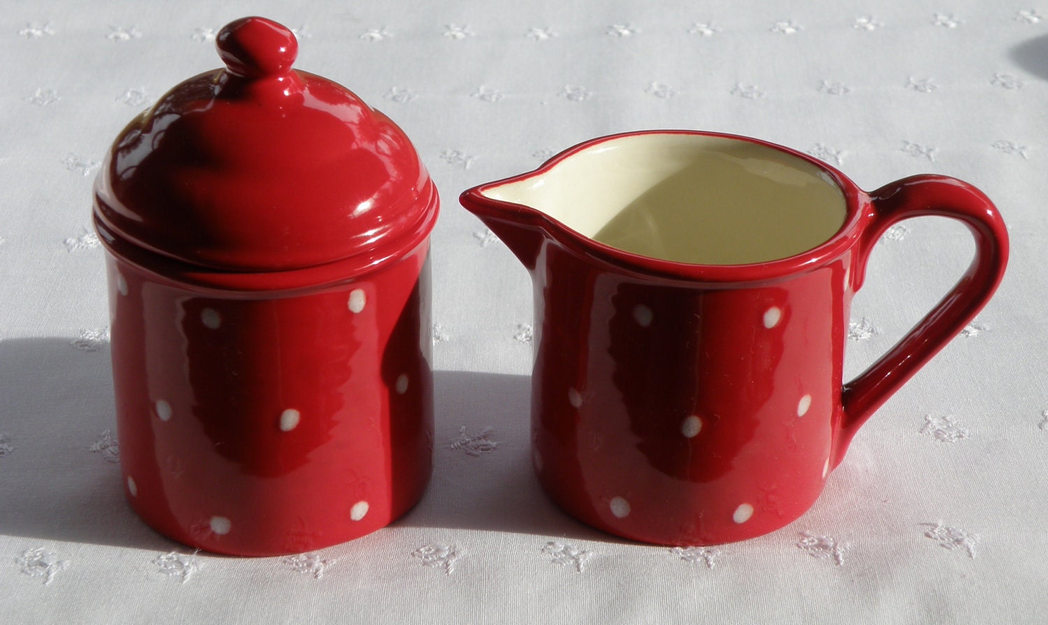 Small Creamer and Sugar Bowl Red With White Polka Dots USA
