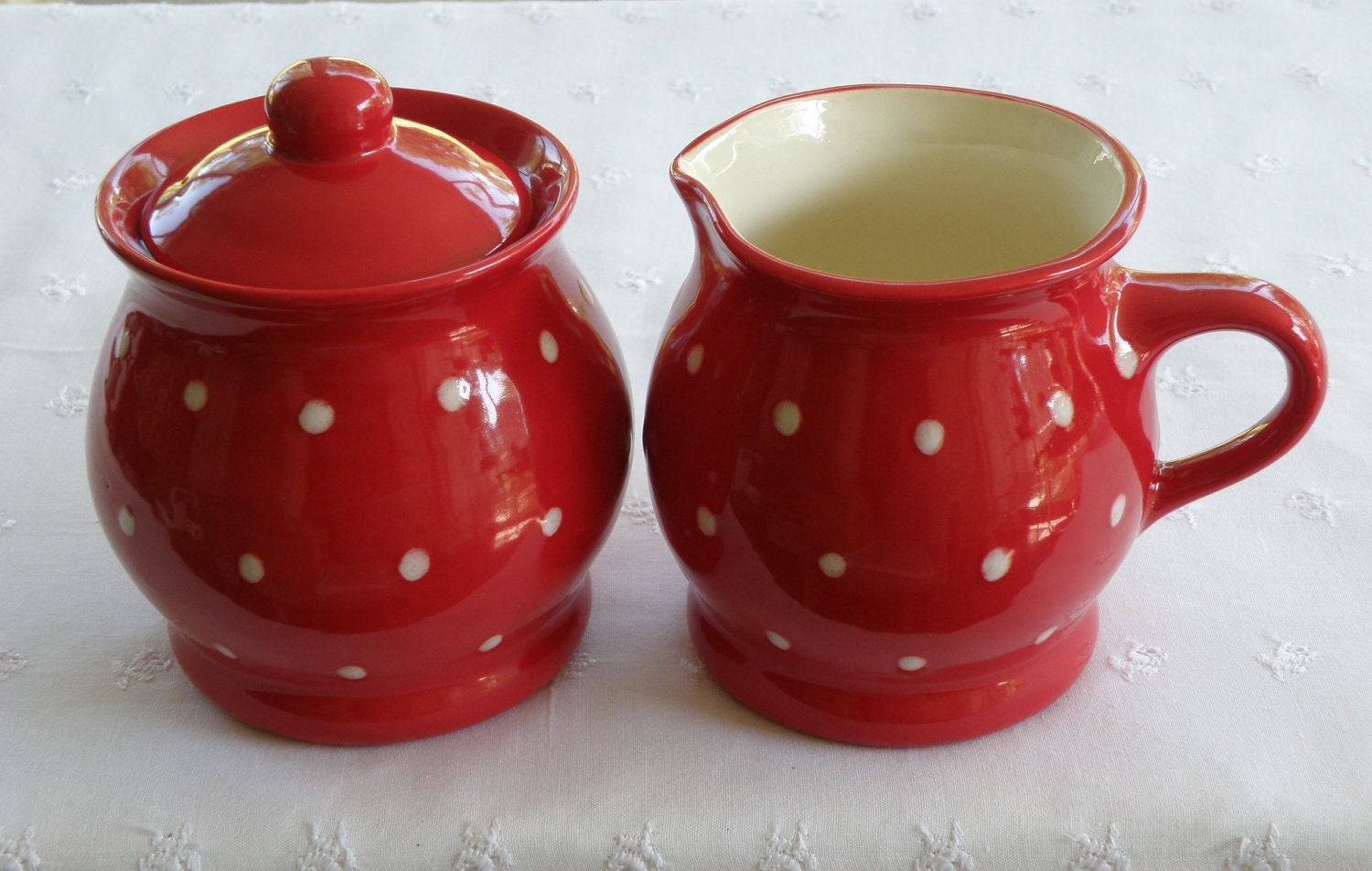 Creamer and Sugar Bowl Red With White Polka Dots USA