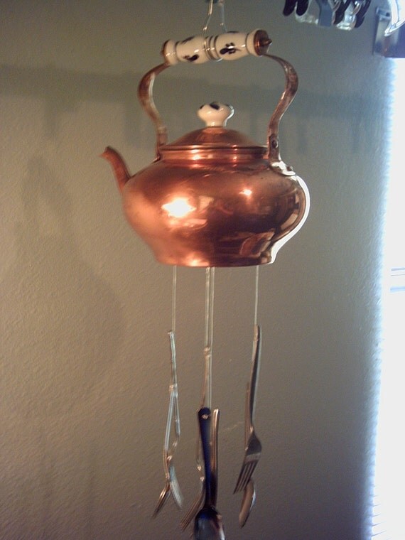 Copper Tea Kettle Wind Chime With Flatware Silverware Copper Tea Kettle Wind Chime With Flatware Silverware