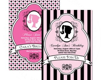 Printable Birthday invitation card Barbie or Girl silhouette child or sweet sixteen pink or any color and more patterns DIGITAL