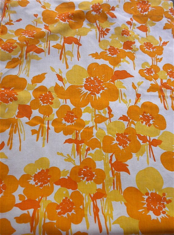 Vintage Bed Sheet Orange and Yellow Flowers Twin Fitted