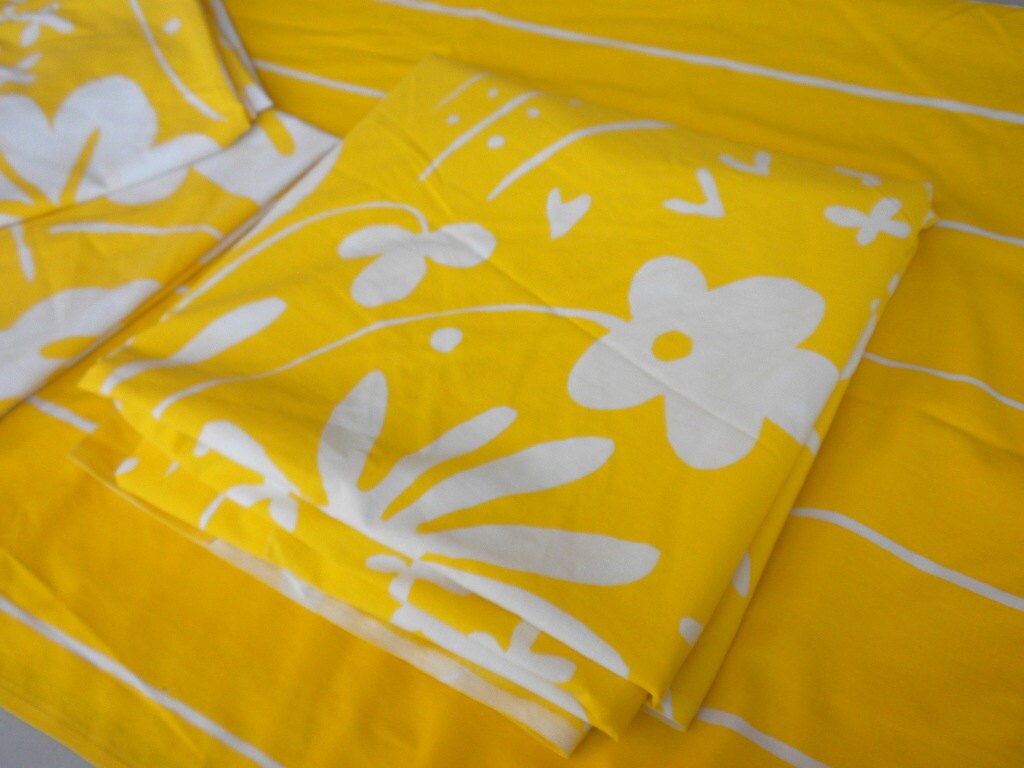 Vintage Bed Sheets Yellow Marimekko Floral and Stripes