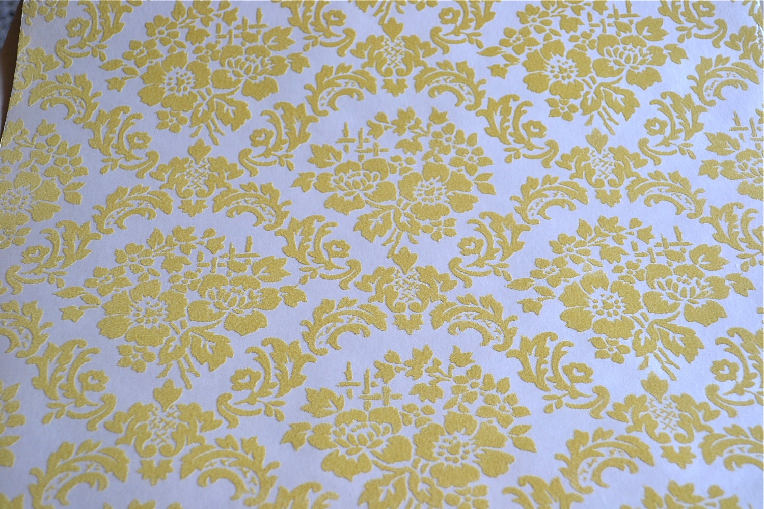 Vintage Wall Paper Yellow Flocked Damask 20 X 48