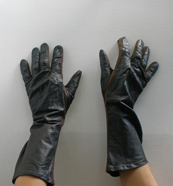 Vintage 60s Elbow Length Black Leather Gloves with Brown