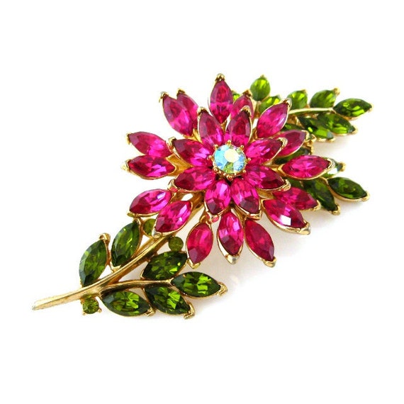 TRIFARI Rhinestone Brooch Vintage 1960s Pink Green Flower