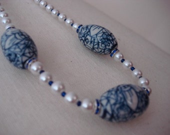 Dutch Delft-like Bead Necklace Bracelet Set