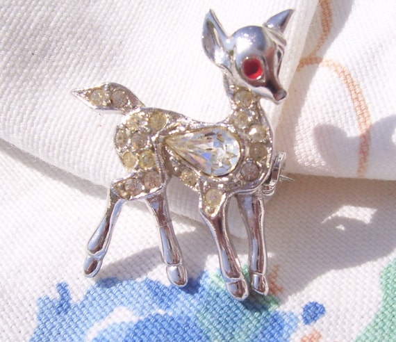 Vintage Deer Brooch with Rhinestones by PinkTwill on Etsy