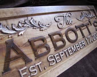 Personalized Family Name Signs CARVED Custom Wooden Sign Last name Wedding Gift Established Anniversary or Address custom personalized sign