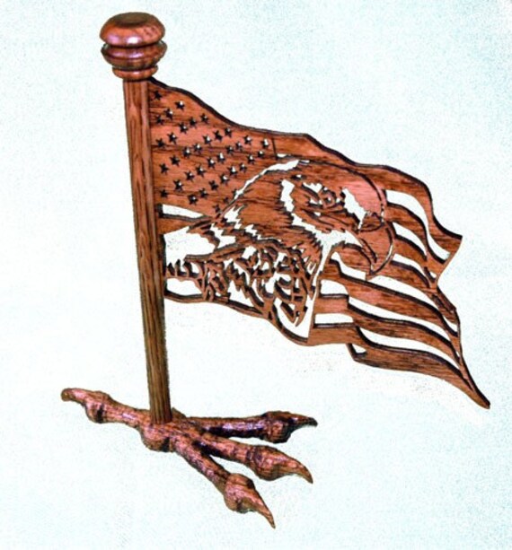 Oak Eagle Head and Flag Scroll Saw Art