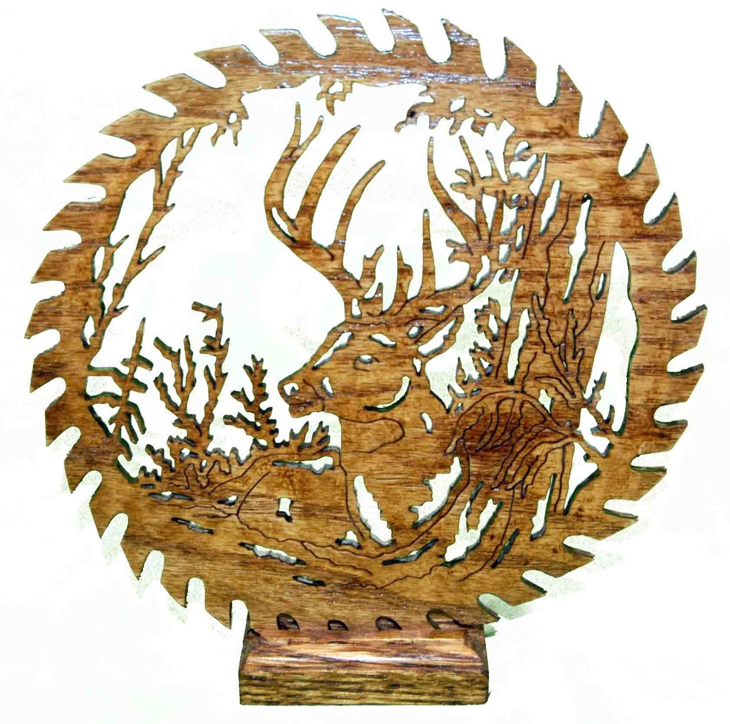 Scene with Buck Deer Head in a Saw Blade Scroll Saw Art