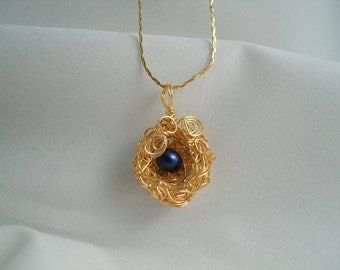 Birds Nest with 1 Dark Blue Fresh Water Pearl Wire Wrapped Necklace