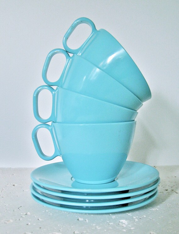 Tiffany Blue Vintage Coffee Cups and Saucers Genuine Melmac