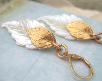 IVORY, vintage lucite pearly white leaf charm with golden brass leaf charm earrings