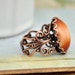 SUNSHINE, antique copper floral ring with orange color vintage glass cab