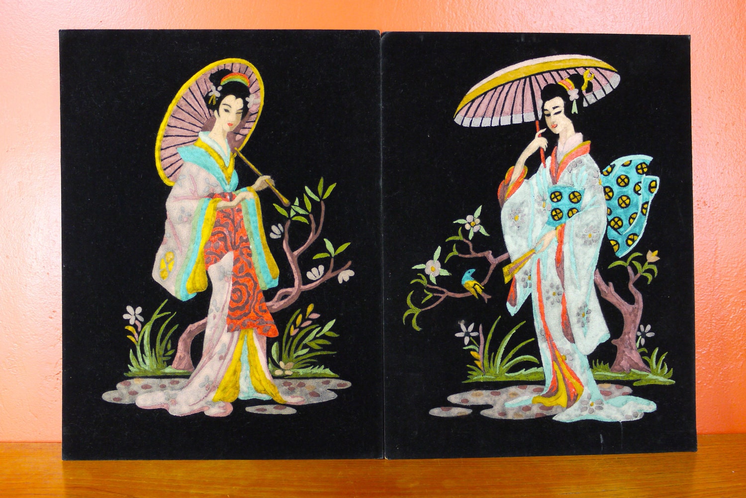 Vintage Pair of Black Velvet Paint By Number Geishas 1950s
