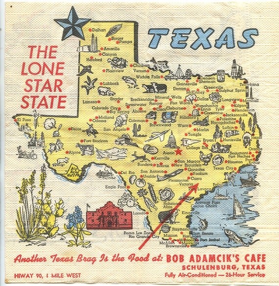 1954 Texas Kitsch Napkin Map Bob Adamcik Schulenburg by find4you