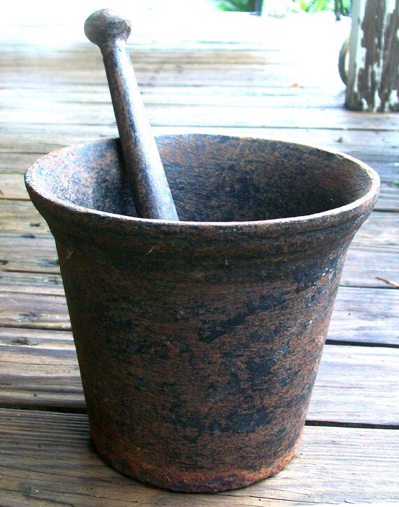 Antique Cast Iron Mortar And Pestle Large Rusty Rustic