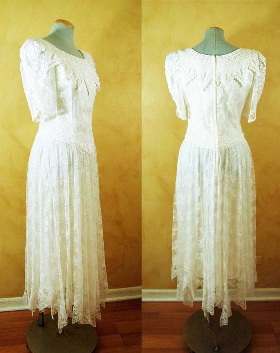 Vintage Long White Lace Jessica McClintock Romantic Dress Maxi