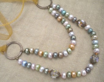 Necklace Pearls Tiered Multi Color Hand Knotted Vintage Inspired