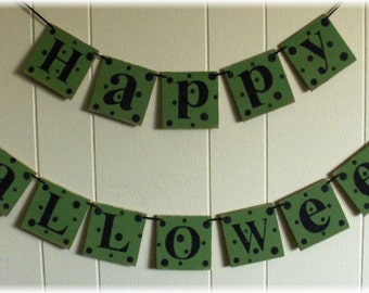Happy Halloween Banner Garland Bright Green Wood Holiday Decoration 4 x 4 Tiles polka dots