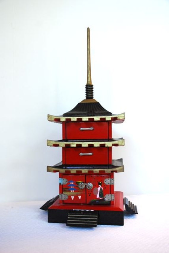 Vintage Jewelry And Music Box Pagoda Japanese Chinoiserie