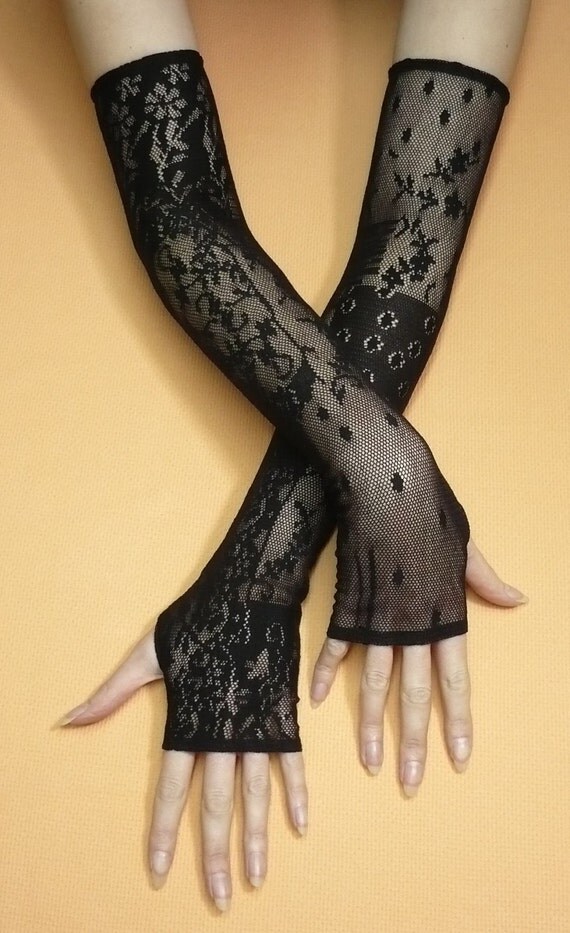 Long Gothic Gloves Black Stretchy Lace Armwarmers Dance