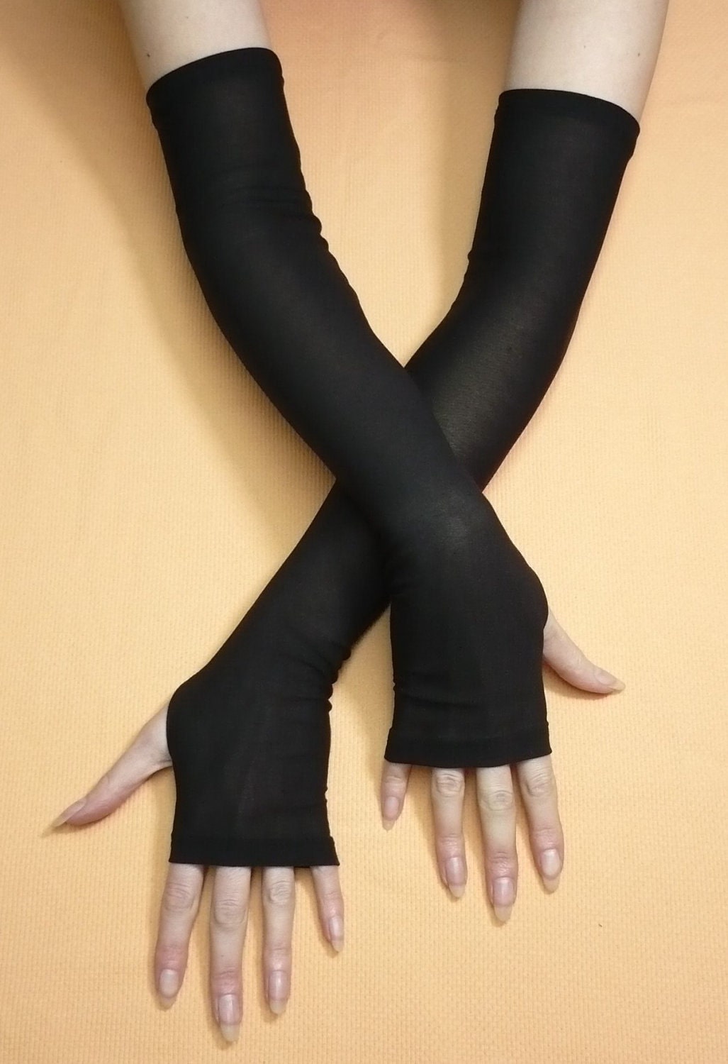 Black long Fingerless Gloves Gothic and Cyber Style Stretchy