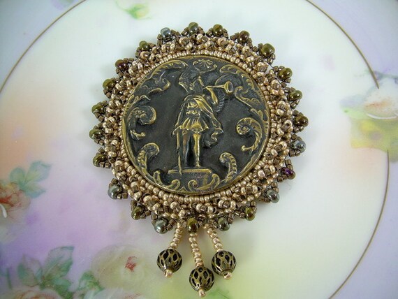 Gabriels Horn Antique Beaded Button Pin by JewelFireDesigns