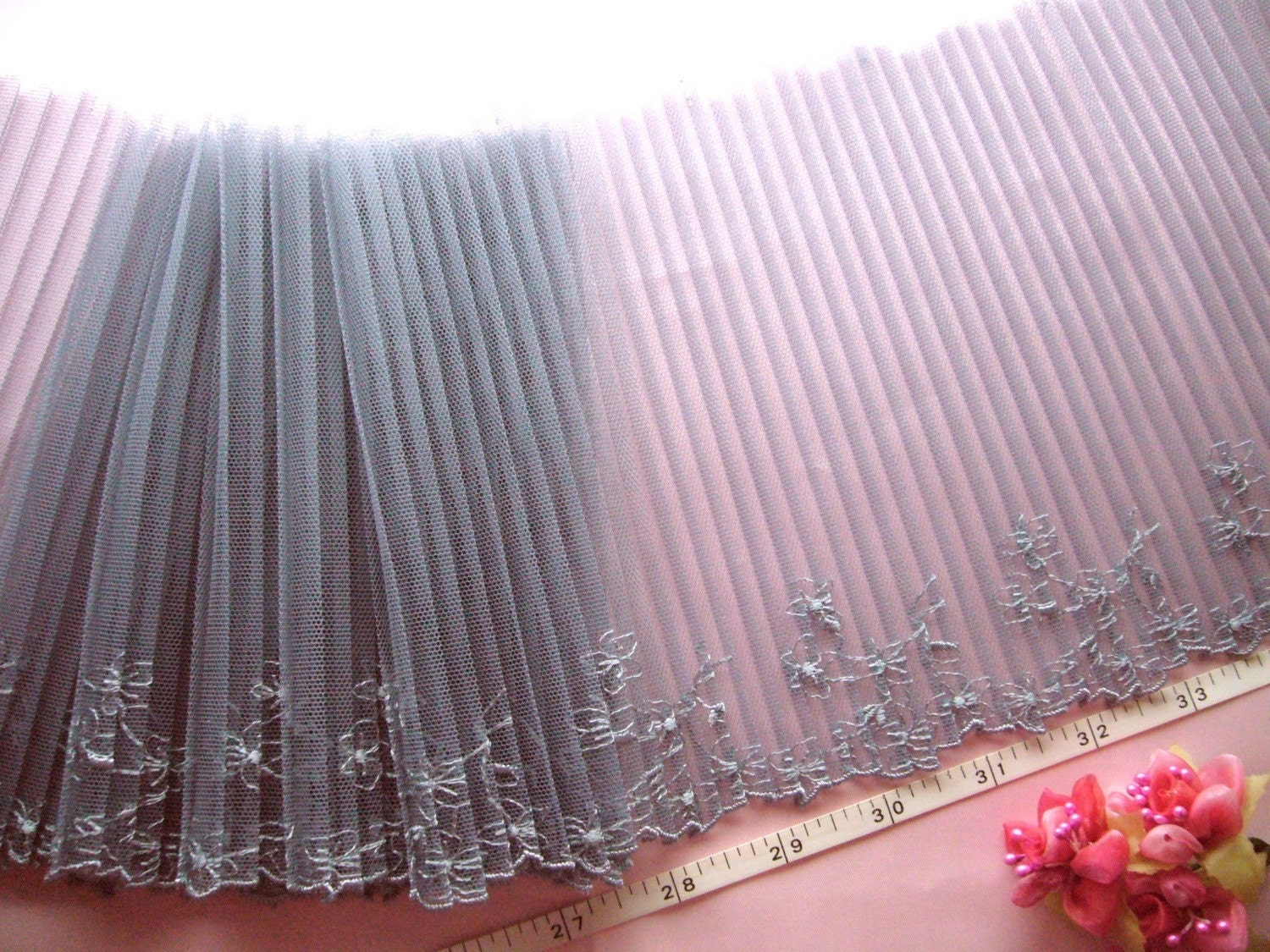 Pleated and embroidered lace fabric gray floral tulle net