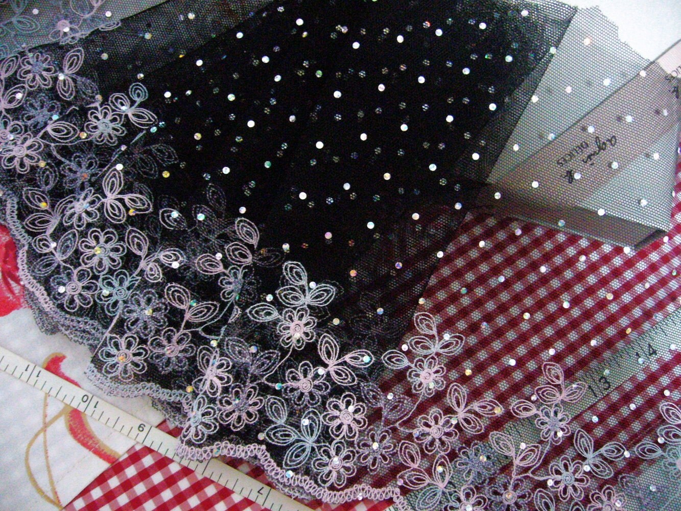 Black lace Tulle lace Net fabric Embroidered lace Sequins