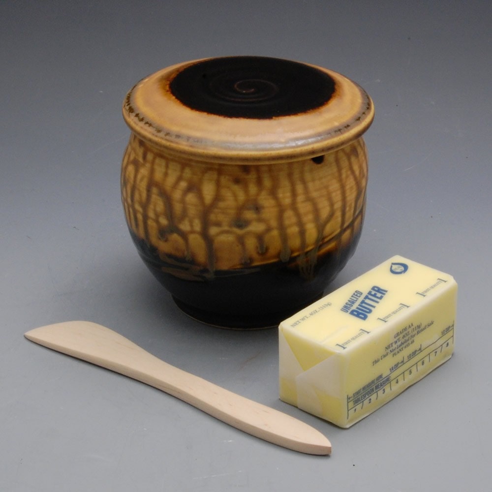 French Butter Dish Dark Brown and Golden Brown