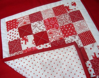 Valentine Mini Quilt Red and White Fabrics by SEW FUN QUILTS Table Runner, Doll Quilt