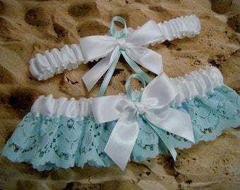 Seamist Green Lace and White Satin Wedding Garter Bridal Set