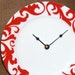 ON SALE - Red and White Swirly Damask Porcelain Plate Wall Clock No. 730 (8-1/4 inches)