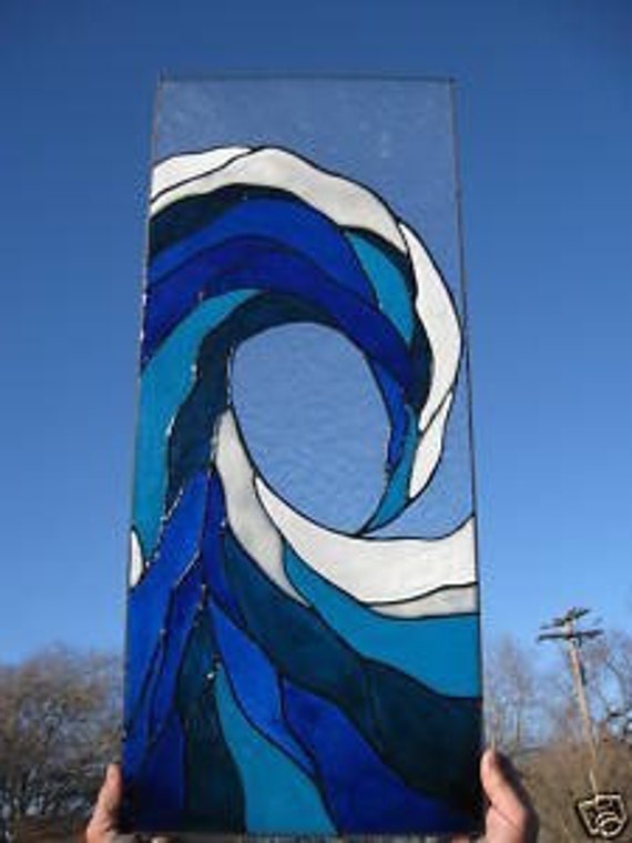 Ocean Wave blue Sea nautical stained glass window