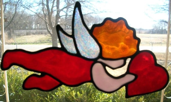 Two Cupid valentine stained glass window Cling by ...