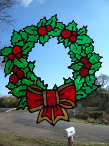 Wreath Holly Christmas stained glass window Cling