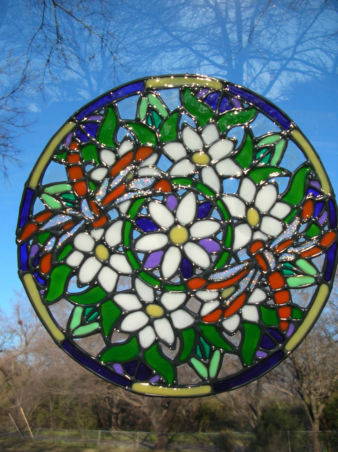 Dragonflies and flowers Stained glass window Cling